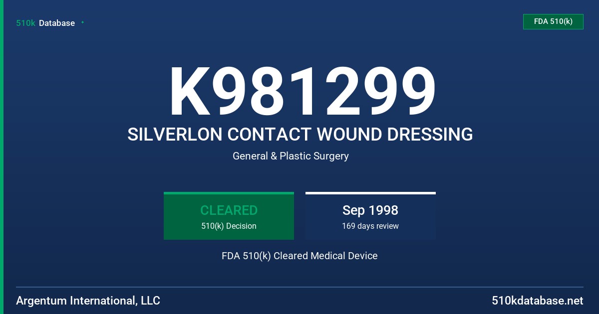 K981299 SILVERLON CONTACT WOUND DRESSING FDA 510(k) Cleared Medical Device