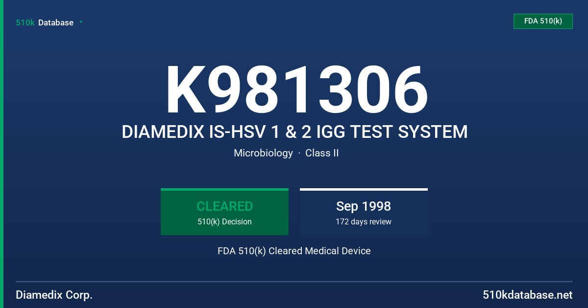 K981306 DIAMEDIX IS-HSV 1 & 2 IGG TEST SYSTEM FDA 510(k) Cleared Medical Device