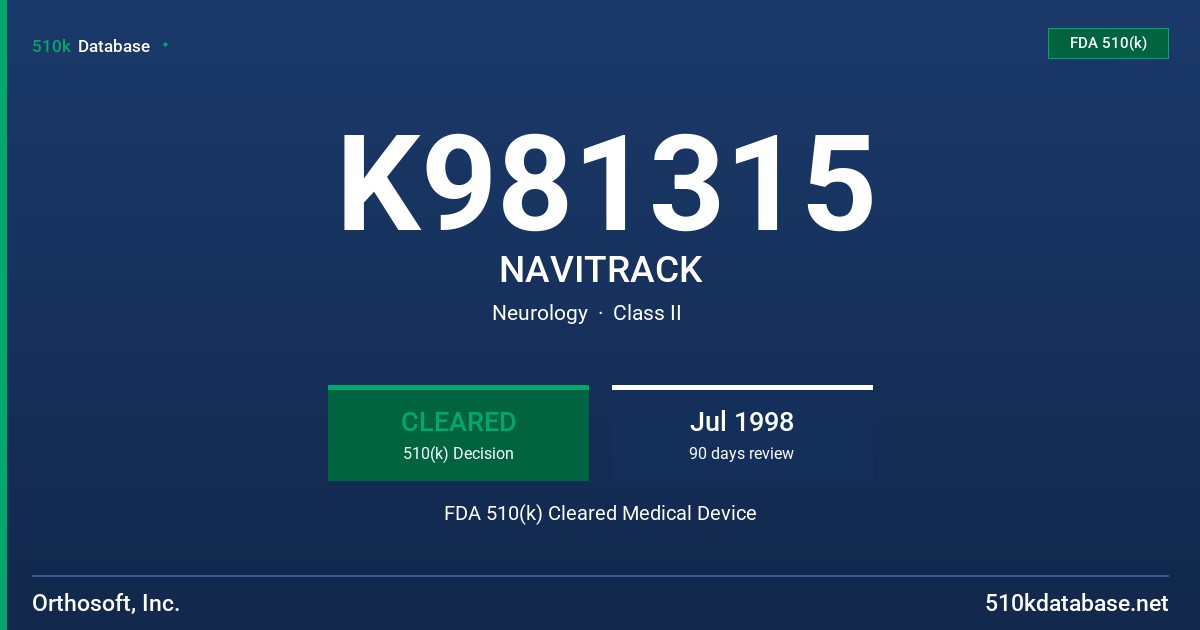 K981315 NAVITRACK FDA 510(k) Cleared Medical Device