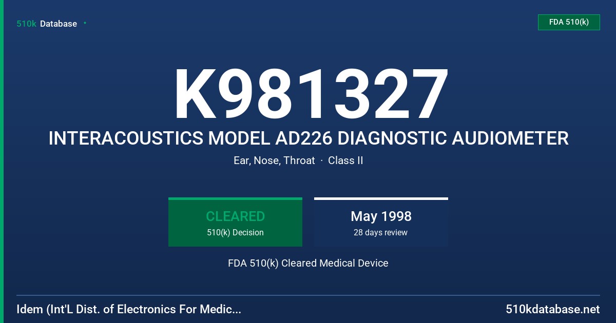 K981327 INTERACOUSTICS MODEL AD226 DIAGNOSTIC AUDIOMETER FDA 510(k) Cleared Medical Device