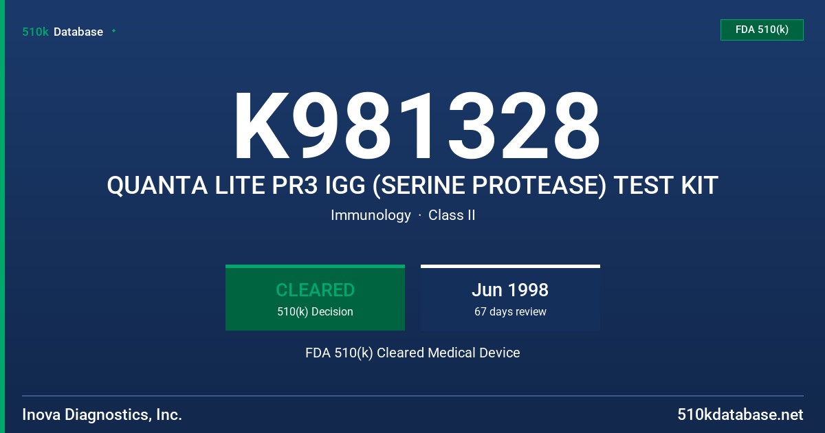 K981328 QUANTA LITE PR3 IGG (SERINE PROTEASE) TEST KIT FDA 510(k) Cleared Medical Device