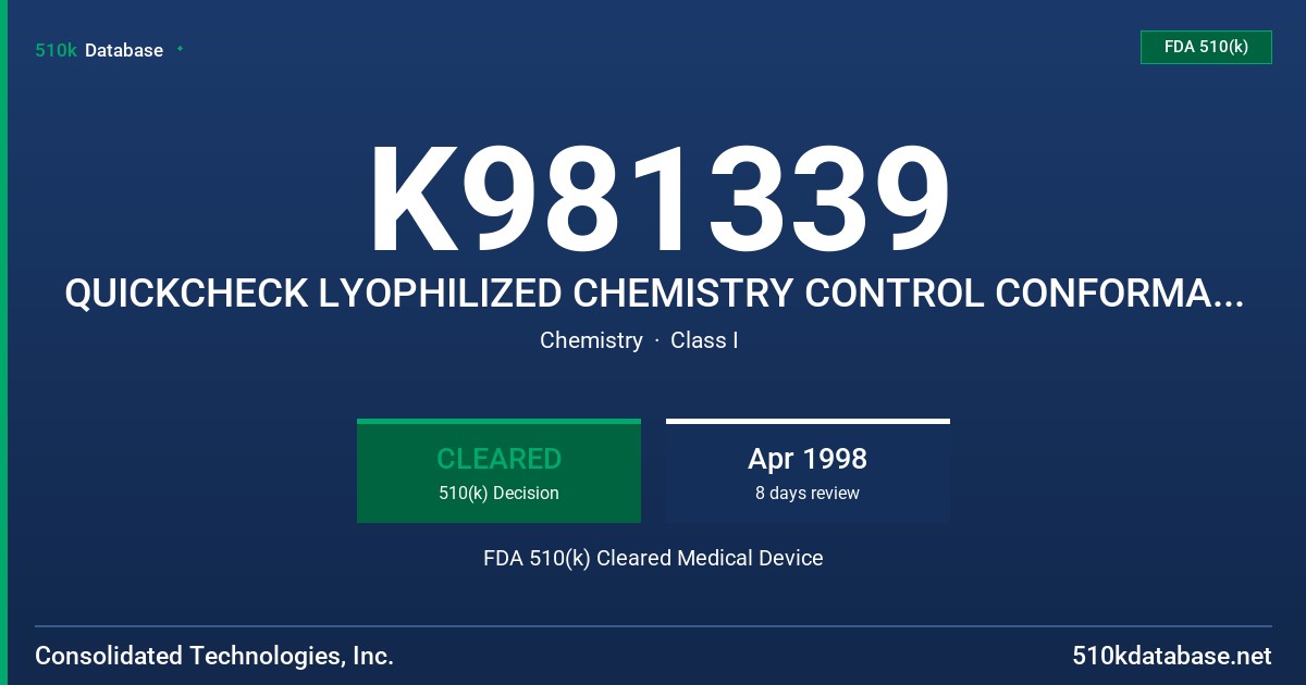 K981339 QUICKCHECK LYOPHILIZED CHEMISTRY CONTROL CONFORMANCE CHEMISTRY CONTROL C3 FDA 510(k) Cleared Medical Device