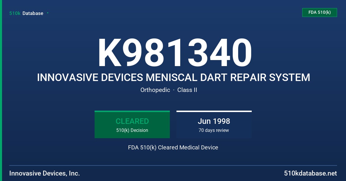 K981340 INNOVASIVE DEVICES MENISCAL DART REPAIR SYSTEM FDA 510(k) Cleared Medical Device