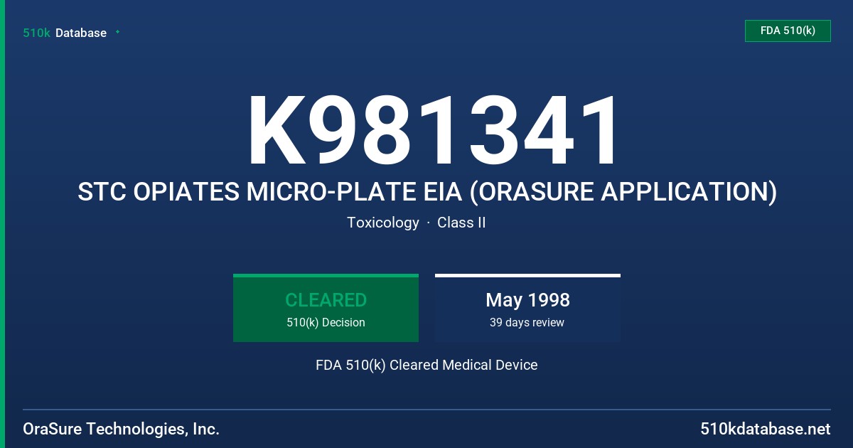 K981341 STC OPIATES MICRO-PLATE EIA (ORASURE APPLICATION) FDA 510(k) Cleared Medical Device