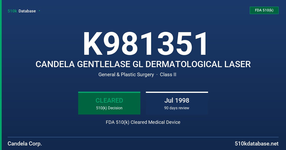 K981351 CANDELA GENTLELASE GL DERMATOLOGICAL LASER FDA 510(k) Cleared Medical Device