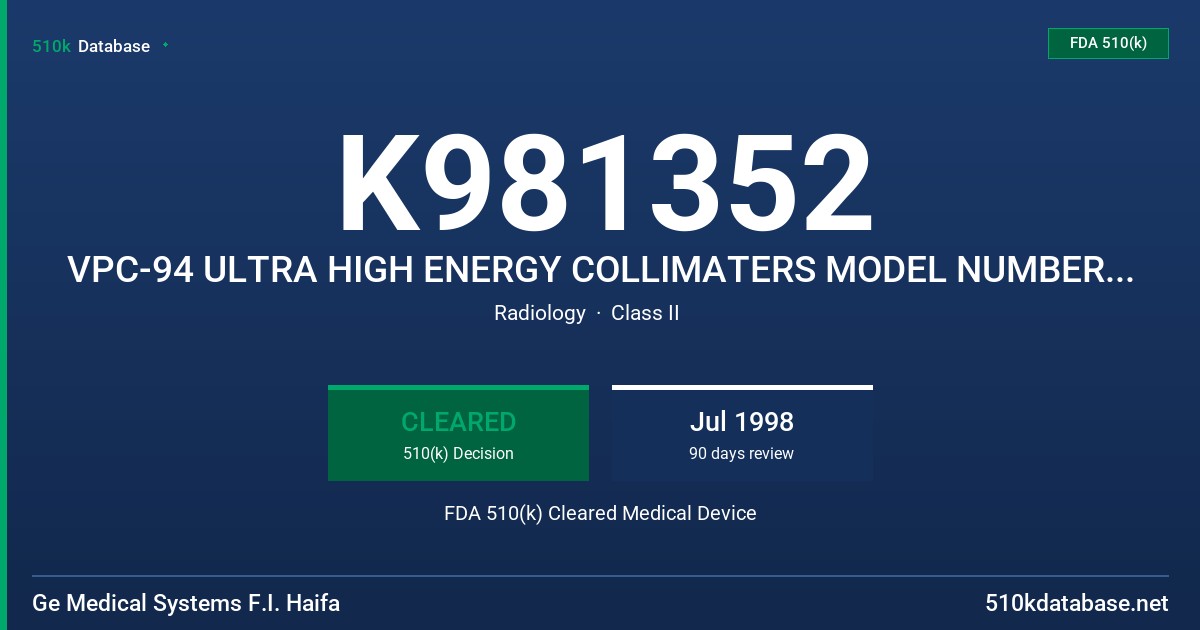 K981352 VPC-94 ULTRA HIGH ENERGY COLLIMATERS MODEL NUMBERS 480-685-9402 FDA 510(k) Cleared Medical Device