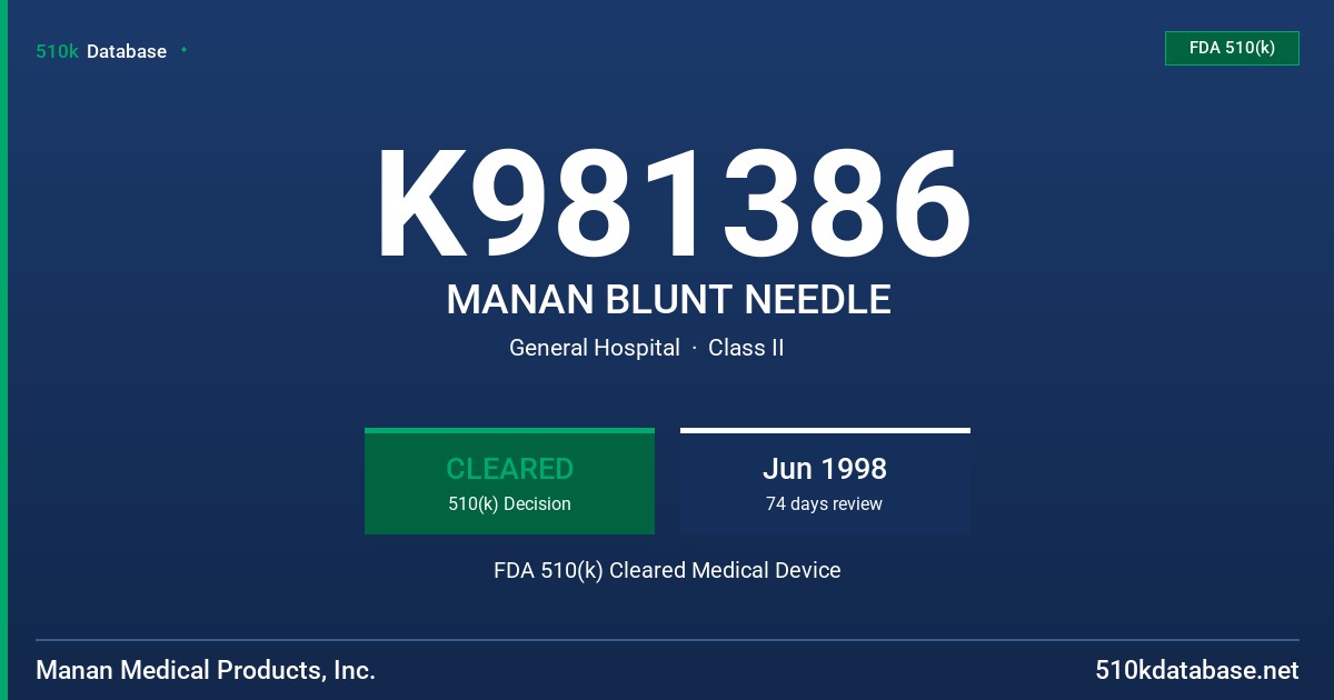 K981386 MANAN BLUNT NEEDLE FDA 510(k) Cleared Medical Device