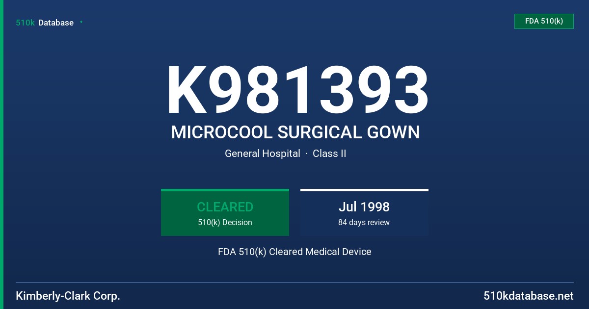 K981393 MICROCOOL SURGICAL GOWN FDA 510(k) Cleared Medical Device