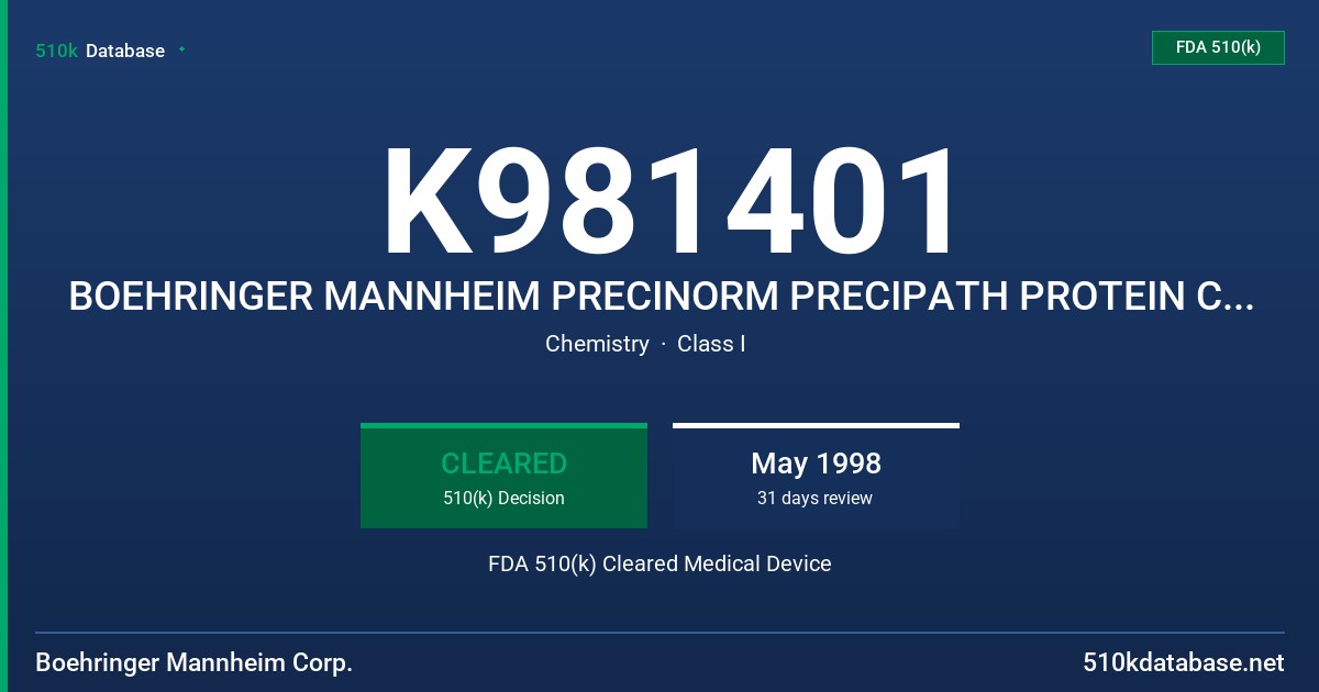 K981401 BOEHRINGER MANNHEIM PRECINORM PRECIPATH PROTEIN CONTROLS FDA 510(k) Cleared Medical Device