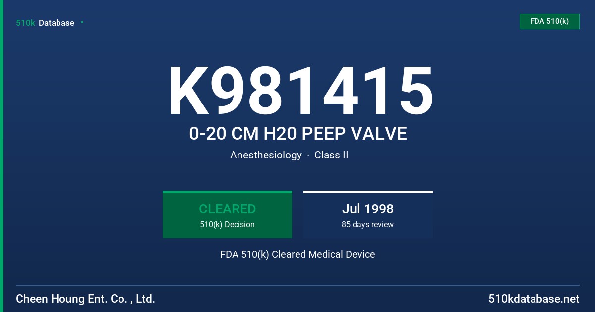 K981415 0-20 CM H20 PEEP VALVE FDA 510(k) Cleared Medical Device