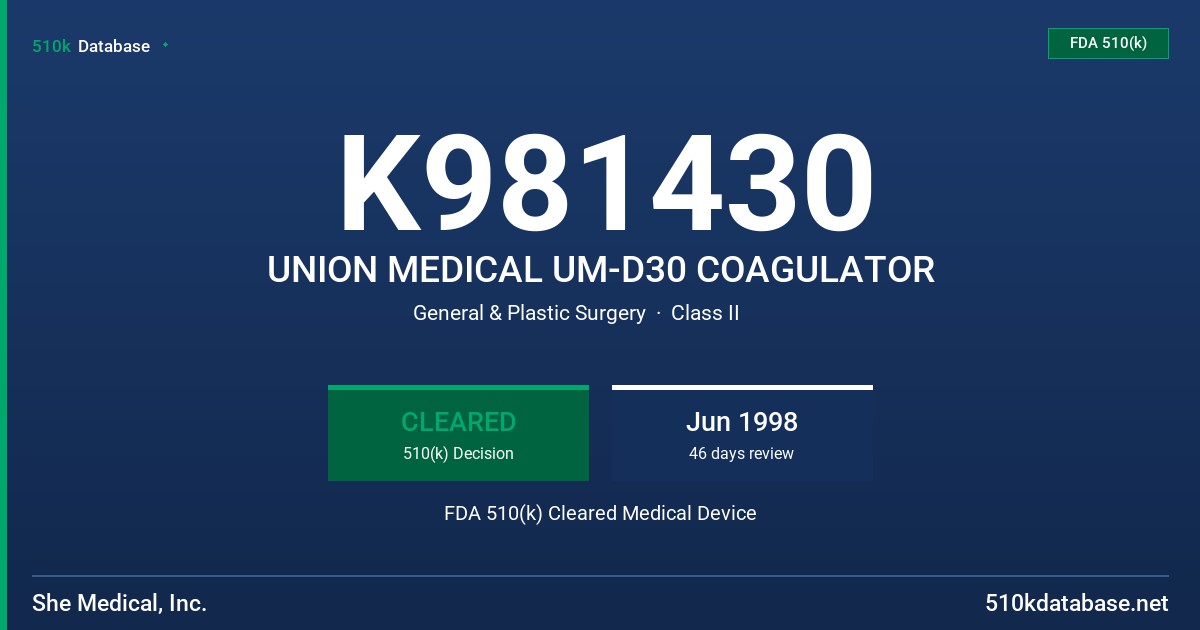 K981430 UNION MEDICAL UM-D30 COAGULATOR FDA 510(k) Cleared Medical Device