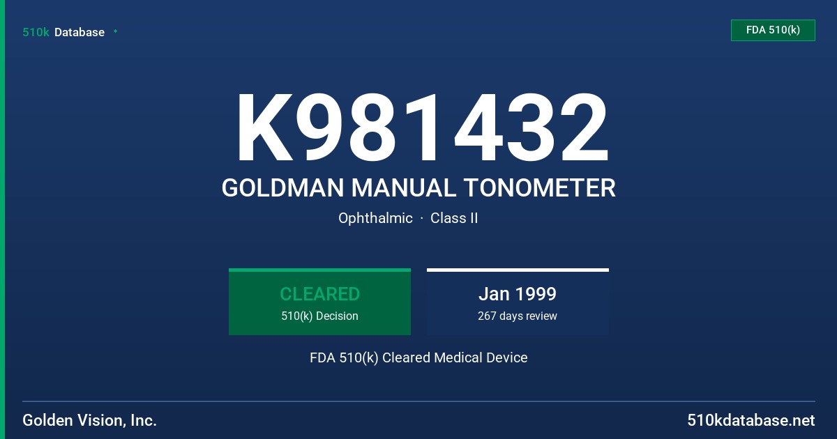 K981432 GOLDMAN MANUAL TONOMETER FDA 510(k) Cleared Medical Device