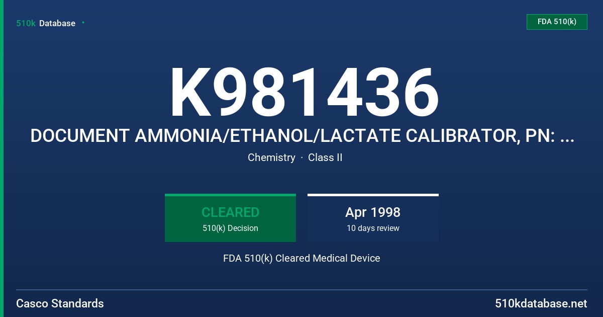 K981436 DOCUMENT AMMONIA/ETHANOL/LACTATE CALIBRATOR, PN: M-109 FDA 510(k) Cleared Medical Device