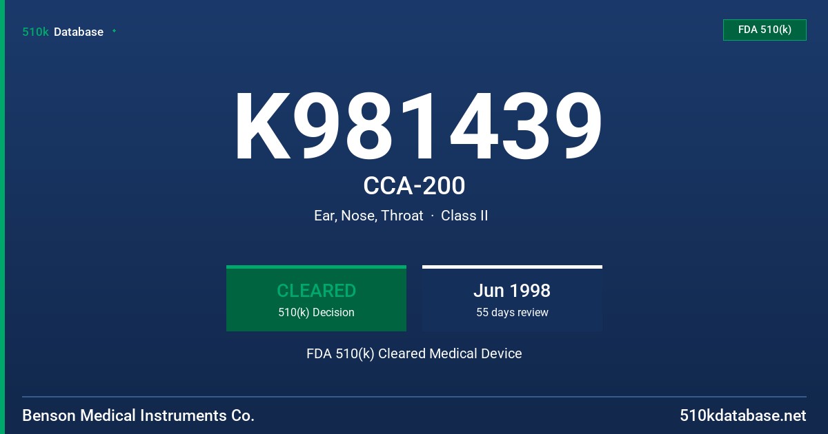 K981439 CCA-200 FDA 510(k) Cleared Medical Device