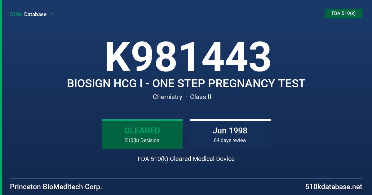 K981443 BIOSIGN HCG I - ONE STEP PREGNANCY TEST FDA 510(k) Cleared Medical Device
