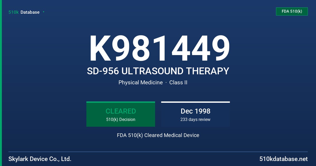 K981449 SD-956 ULTRASOUND THERAPY FDA 510(k) Cleared Medical Device