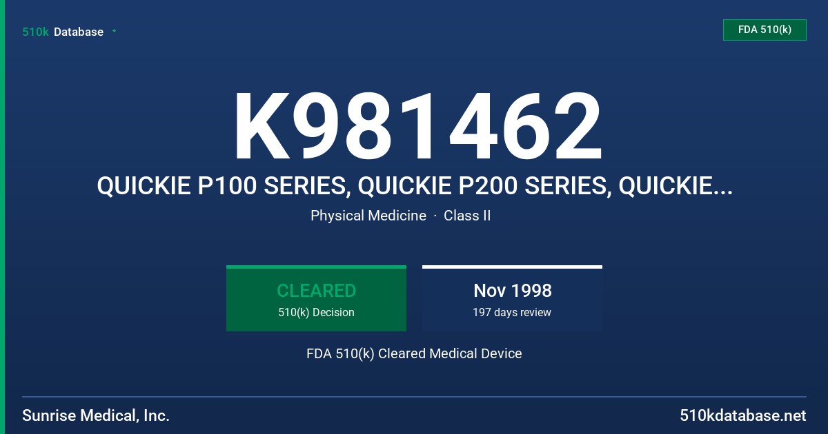 K981462 QUICKIE P100 SERIES, QUICKIE P200 SERIES, QUICKIE P300 SERIES, MODELS P100,P110,P120,P190,P190R,P500,P200,P210,P320,P300 FDA 510(k) Cleared Medical Device