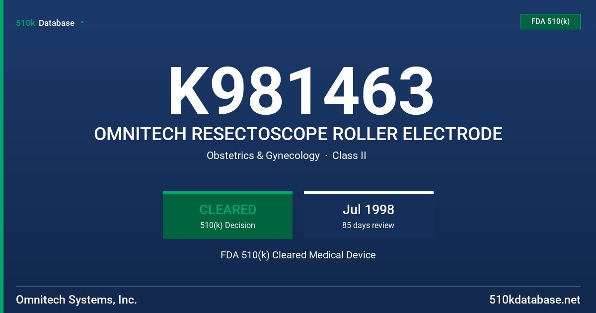 K981463 OMNITECH RESECTOSCOPE ROLLER ELECTRODE FDA 510(k) Cleared Medical Device