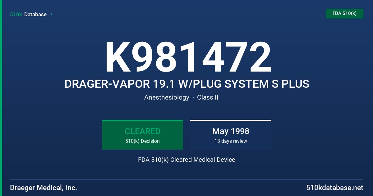 K981472 DRAGER-VAPOR 19.1 W/PLUG SYSTEM S PLUS FDA 510(k) Cleared Medical Device