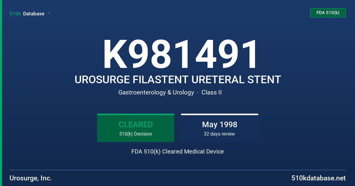 K981491 UROSURGE FILASTENT URETERAL STENT FDA 510(k) Cleared Medical Device