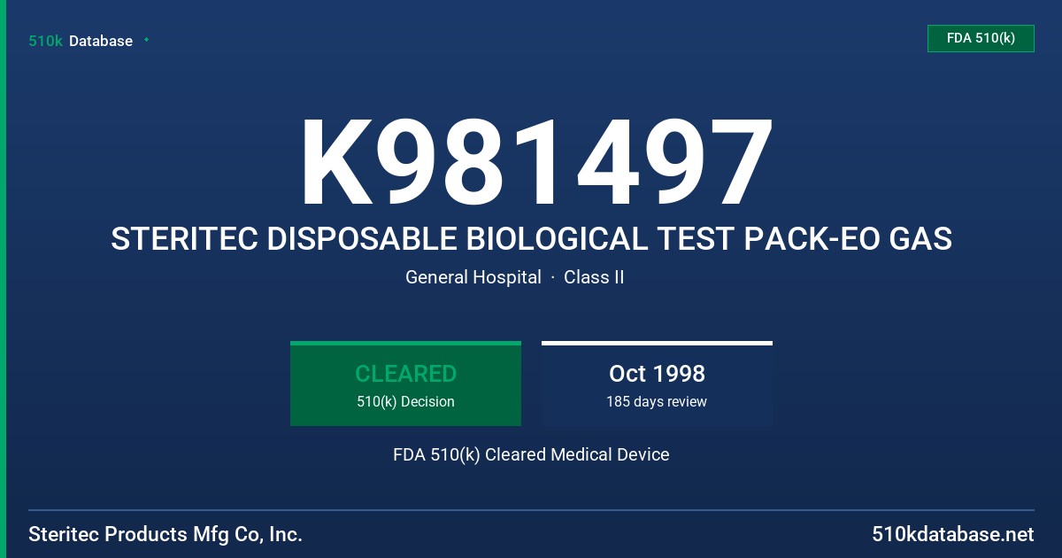K981497 STERITEC DISPOSABLE BIOLOGICAL TEST PACK-EO GAS FDA 510(k) Cleared Medical Device
