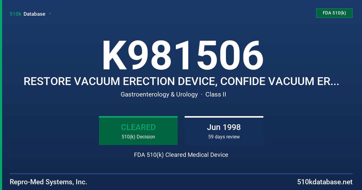 K981506 RESTORE VACUUM ERECTION DEVICE, CONFIDE VACUUM ERECTION DEVICE, PEP (PENILE ERECTION PROGRAM), RELY VACUUM ERECTION DEV) FDA 510(k) Cleared Medical Device