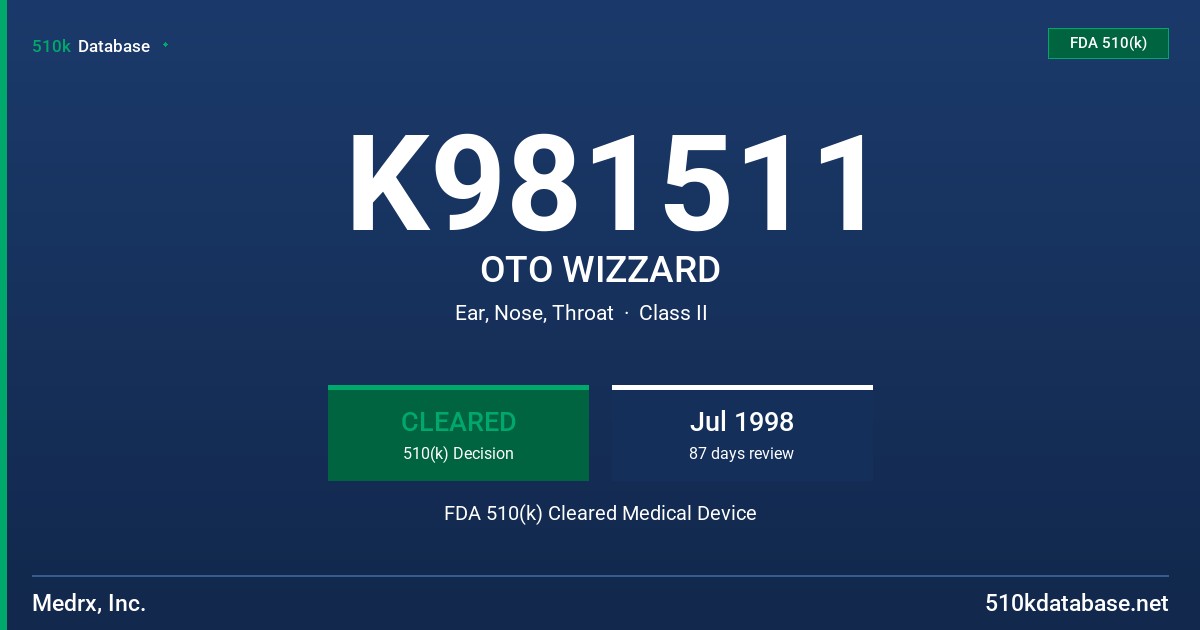 K981511 OTO WIZZARD FDA 510(k) Cleared Medical Device