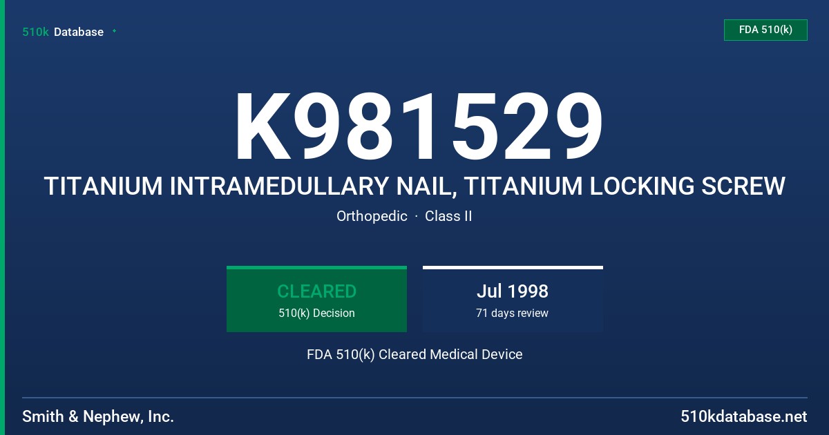 K981529 TITANIUM INTRAMEDULLARY NAIL, TITANIUM LOCKING SCREW FDA 510(k) Cleared Medical Device