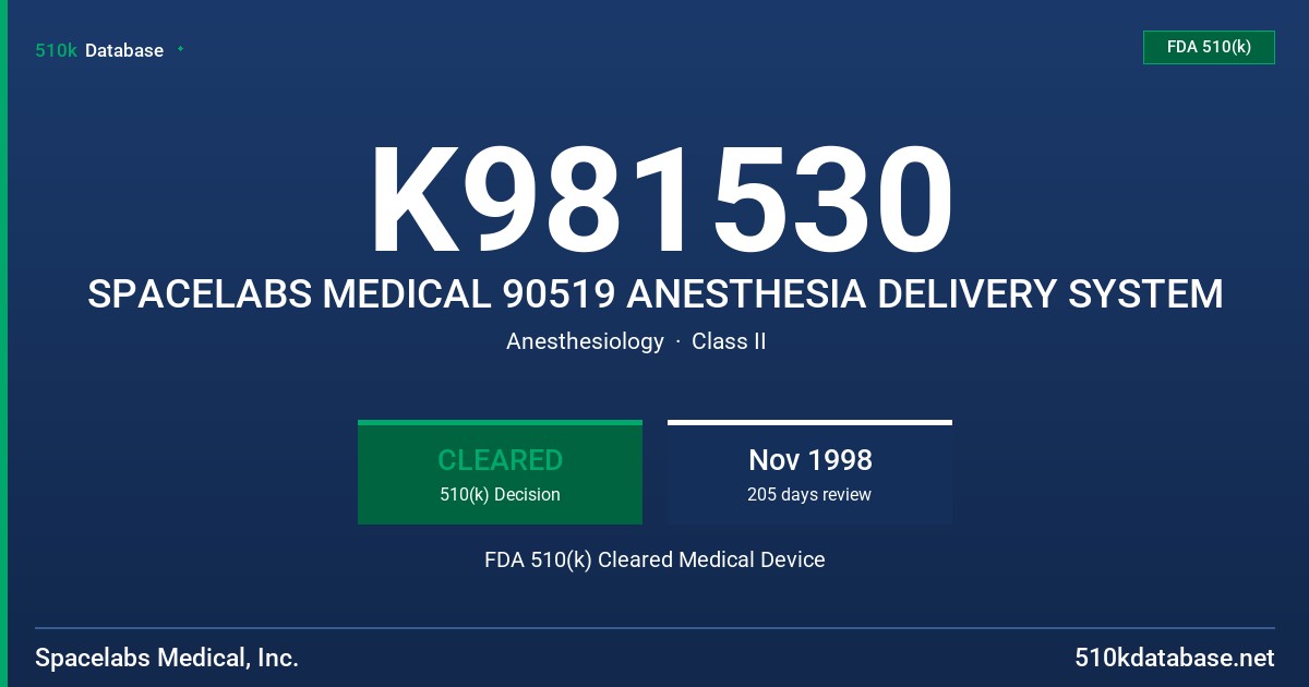 K981530 SPACELABS MEDICAL 90519 ANESTHESIA DELIVERY SYSTEM FDA 510(k) Cleared Medical Device