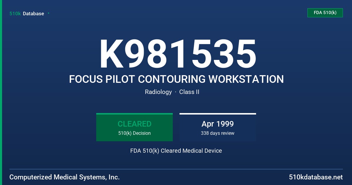 K981535 FOCUS PILOT CONTOURING WORKSTATION FDA 510(k) Cleared Medical Device