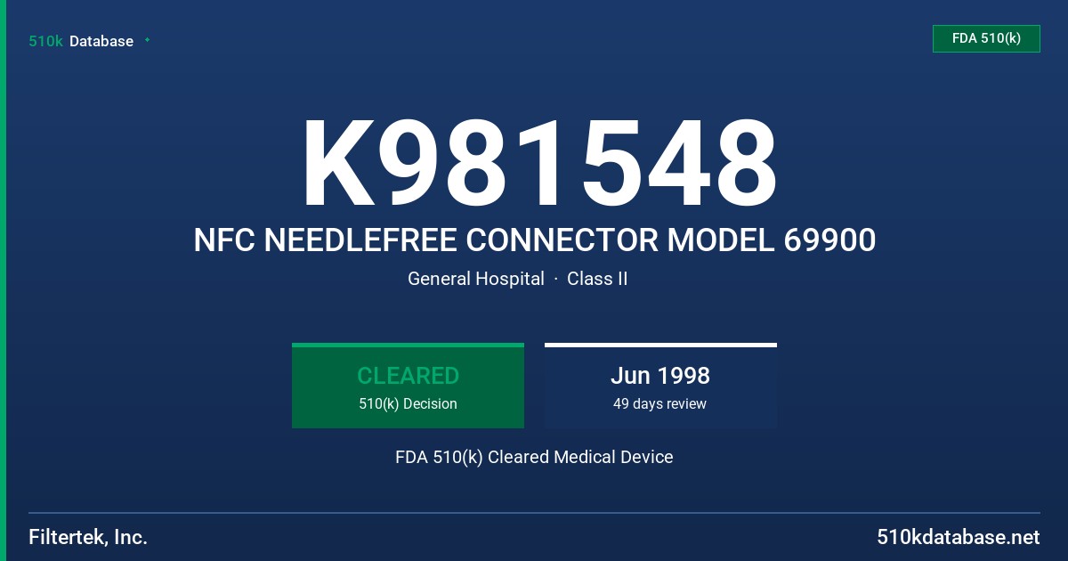 K981548 NFC NEEDLEFREE CONNECTOR MODEL 69900 FDA 510(k) Cleared Medical Device