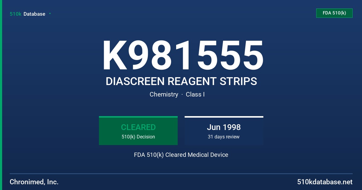 K981555 DIASCREEN REAGENT STRIPS FDA 510(k) Cleared Medical Device