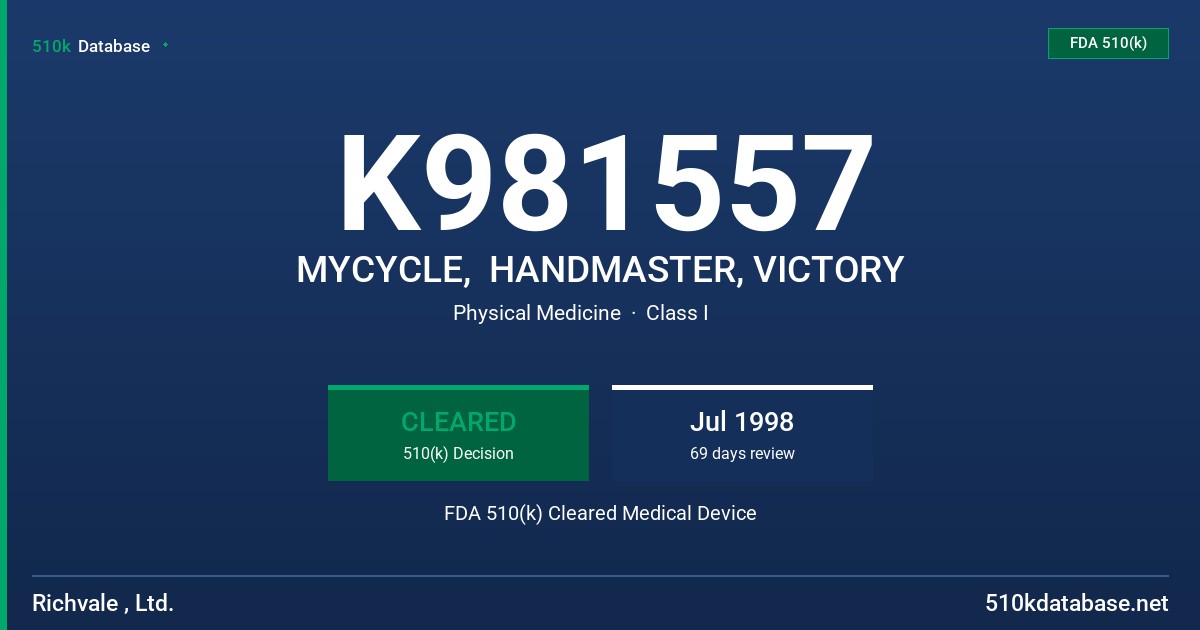K981557 MYCYCLE,  HANDMASTER, VICTORY FDA 510(k) Cleared Medical Device