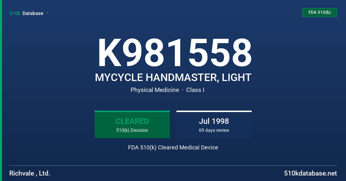 K981558 MYCYCLE HANDMASTER, LIGHT FDA 510(k) Cleared Medical Device