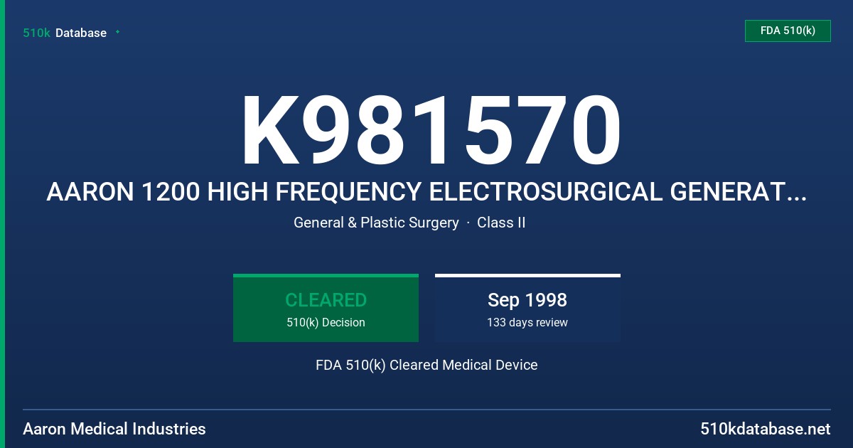 K981570 AARON 1200 HIGH FREQUENCY ELECTROSURGICAL GENERATOR, MODEL A1200 AARON 1200 HIGH FREQUENCY ELECTROSURGICAL GENERATOR MOD FDA 510(k) Cleared Medical Device