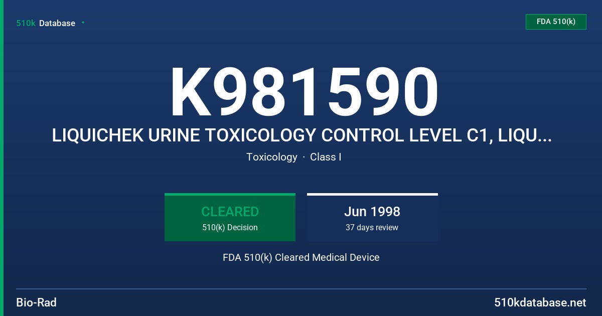K981590 LIQUICHEK URINE TOXICOLOGY CONTROL LEVEL C1, LIQUICHEK URINE TOXICOLOGY CONTROL LEVEL C2, LIQUICHEK URINE TOXICOLOGY CON FDA 510(k) Cleared Medical Device