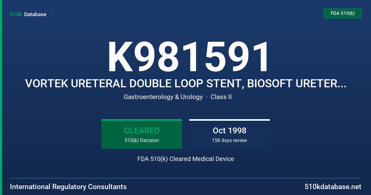 K981591 VORTEK URETERAL DOUBLE LOOP STENT, BIOSOFT URETERAL DOUBLE LOOP STENT FDA 510(k) Cleared Medical Device