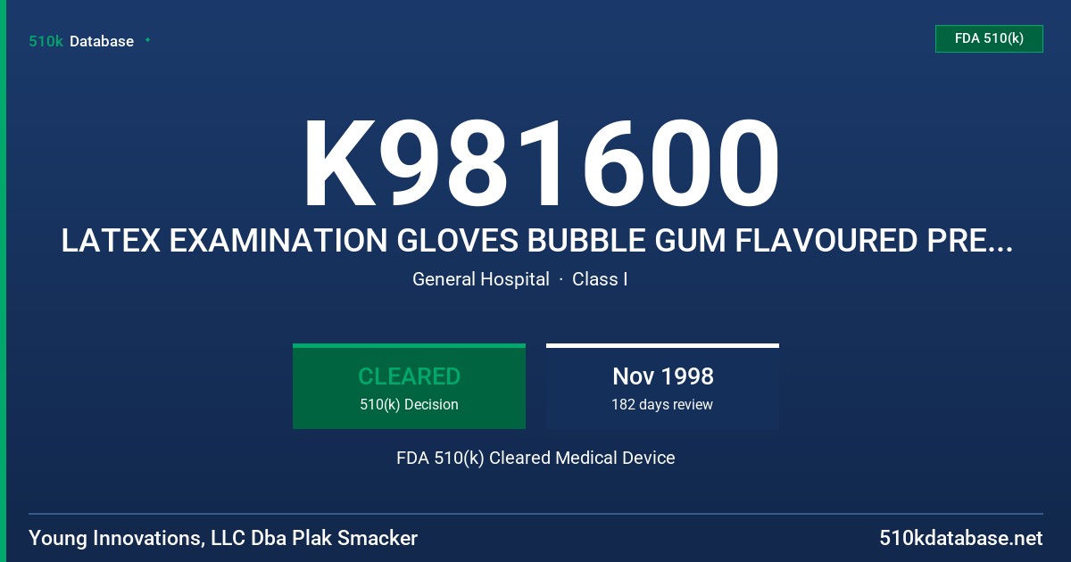 K981600 LATEX EXAMINATION GLOVES BUBBLE GUM FLAVOURED PRE-POWDERED FDA 510(k) Cleared Medical Device