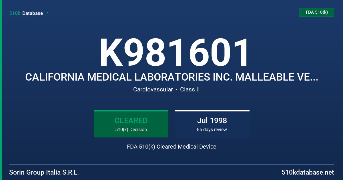 K981601 CALIFORNIA MEDICAL LABORATORIES INC. MALLEABLE VENT CATHETER FDA 510(k) Cleared Medical Device