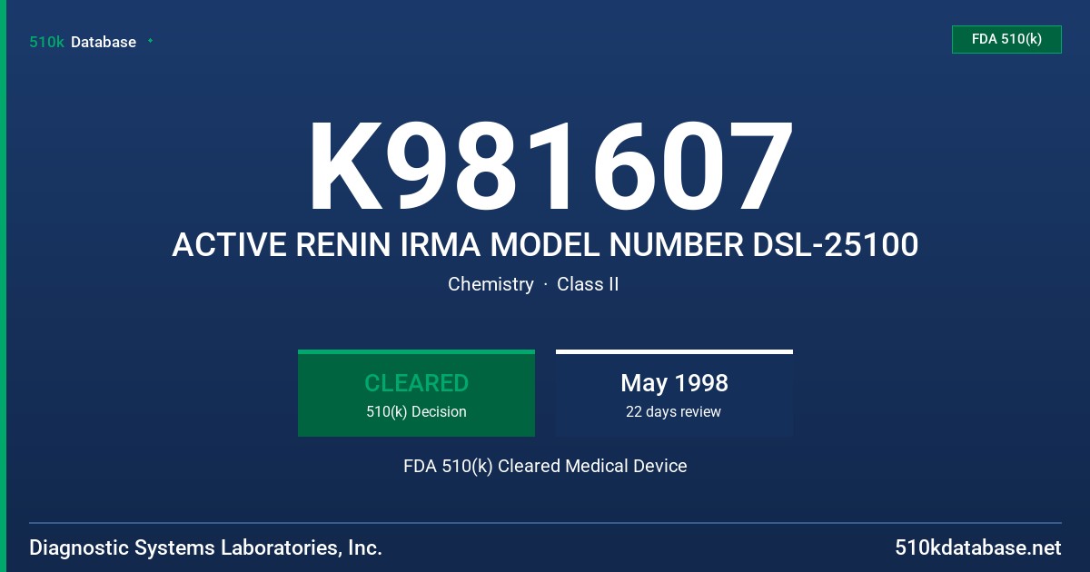 K981607 ACTIVE RENIN IRMA MODEL NUMBER DSL-25100 FDA 510(k) Cleared Medical Device