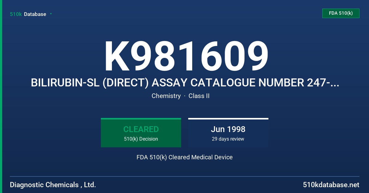 K981609 BILIRUBIN-SL (DIRECT) ASSAY CATALOGUE NUMBER 247-10,247-30 FDA 510(k) Cleared Medical Device