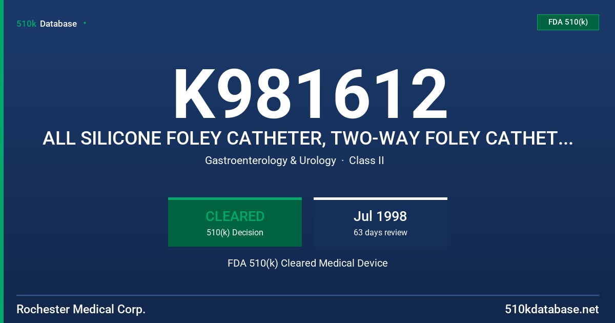 K981612 ALL SILICONE FOLEY CATHETER, TWO-WAY FOLEY CATHETER, THREE-WAY FOLEY CATHETER, TWO-WAY RADIOPAQUE FOLEY CATHETER FDA 510(k) Cleared Medical Device