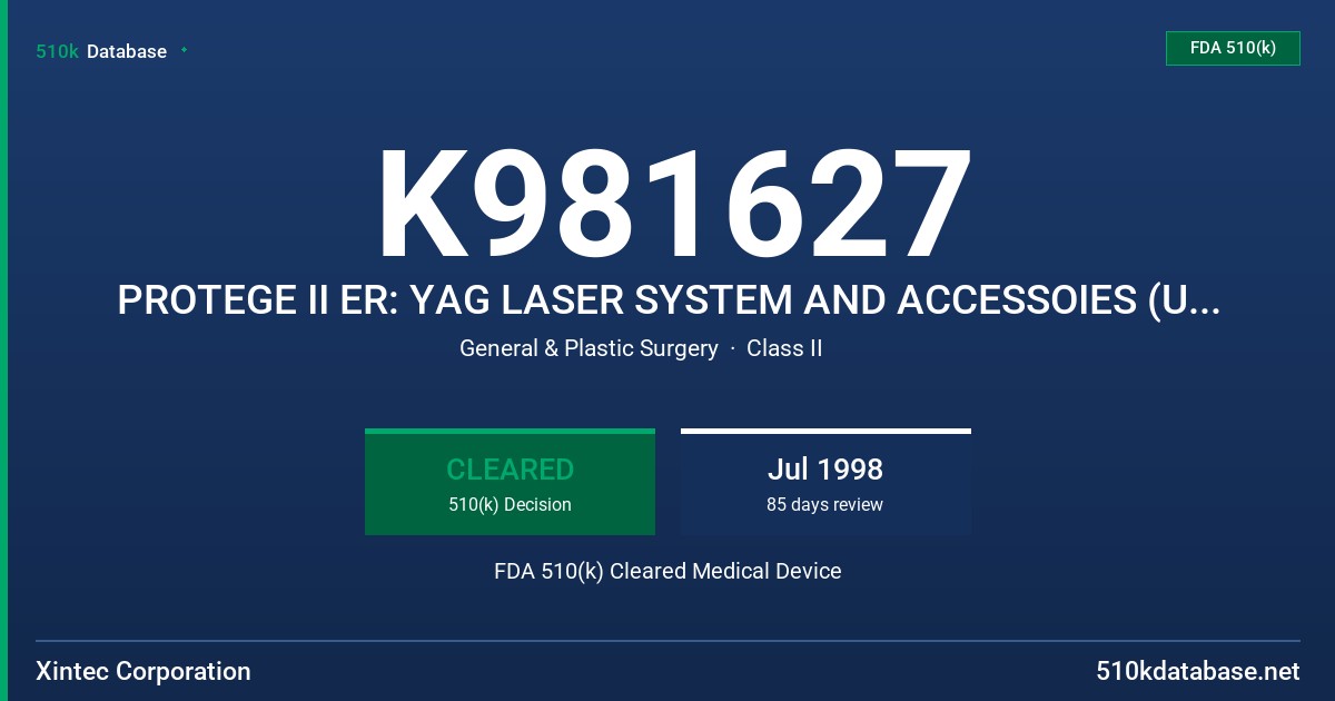 K981627 PROTEGE II ER: YAG LASER SYSTEM AND ACCESSOIES (UPGRADE) FDA 510(k) Cleared Medical Device