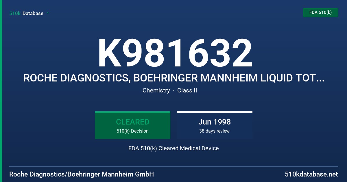 K981632 ROCHE DIAGNOSTICS, BOEHRINGER MANNHEIM LIQUID TOTAL BILIRUBIN REAGENT FDA 510(k) Cleared Medical Device