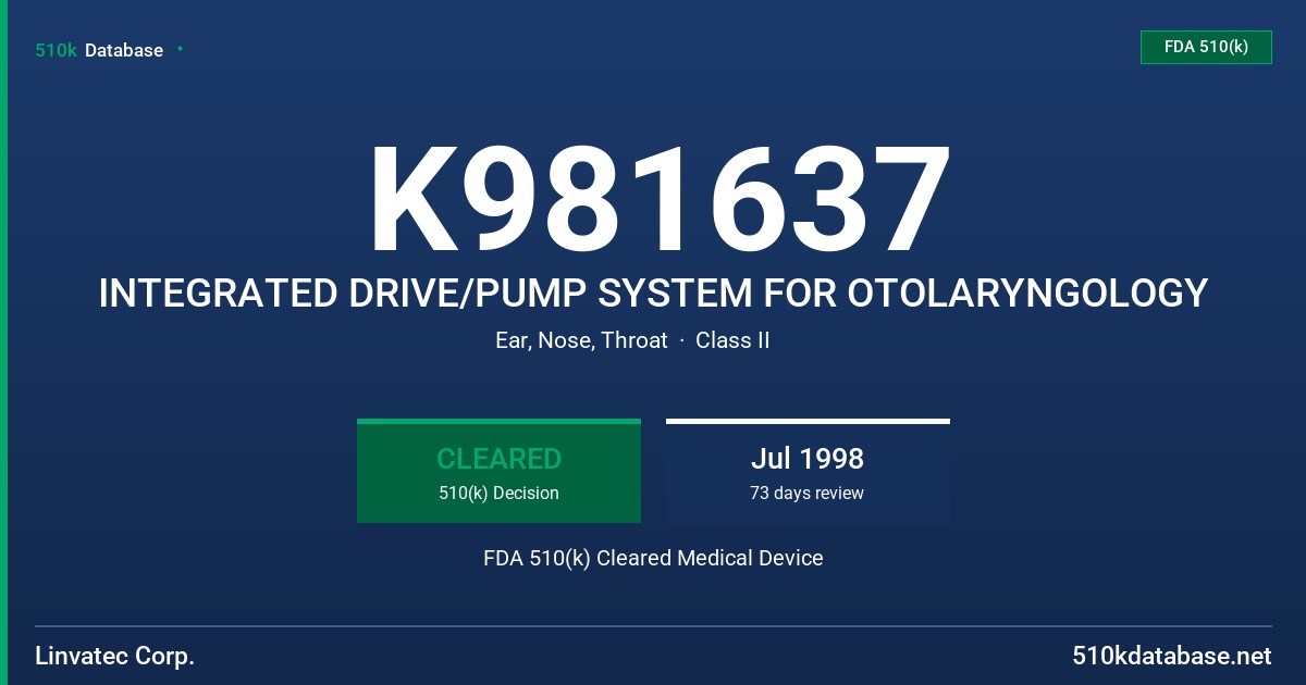 K981637 INTEGRATED DRIVE/PUMP SYSTEM FOR OTOLARYNGOLOGY FDA 510(k) Cleared Medical Device