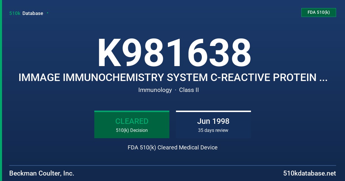 K981638 IMMAGE IMMUNOCHEMISTRY SYSTEM C-REACTIVE PROTEIN (CRP) REAGENT FDA 510(k) Cleared Medical Device