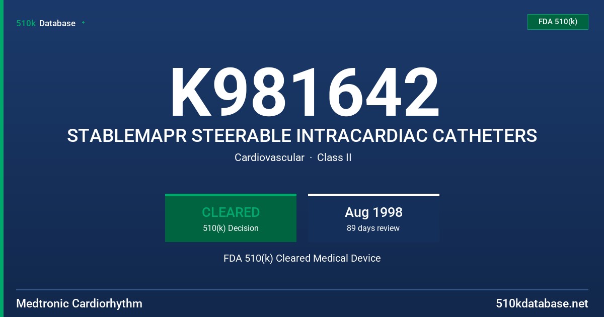 K981642 STABLEMAPR STEERABLE INTRACARDIAC CATHETERS FDA 510(k) Cleared Medical Device