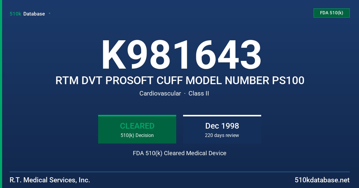 K981643 RTM DVT PROSOFT CUFF MODEL NUMBER PS100 FDA 510(k) Cleared Medical Device
