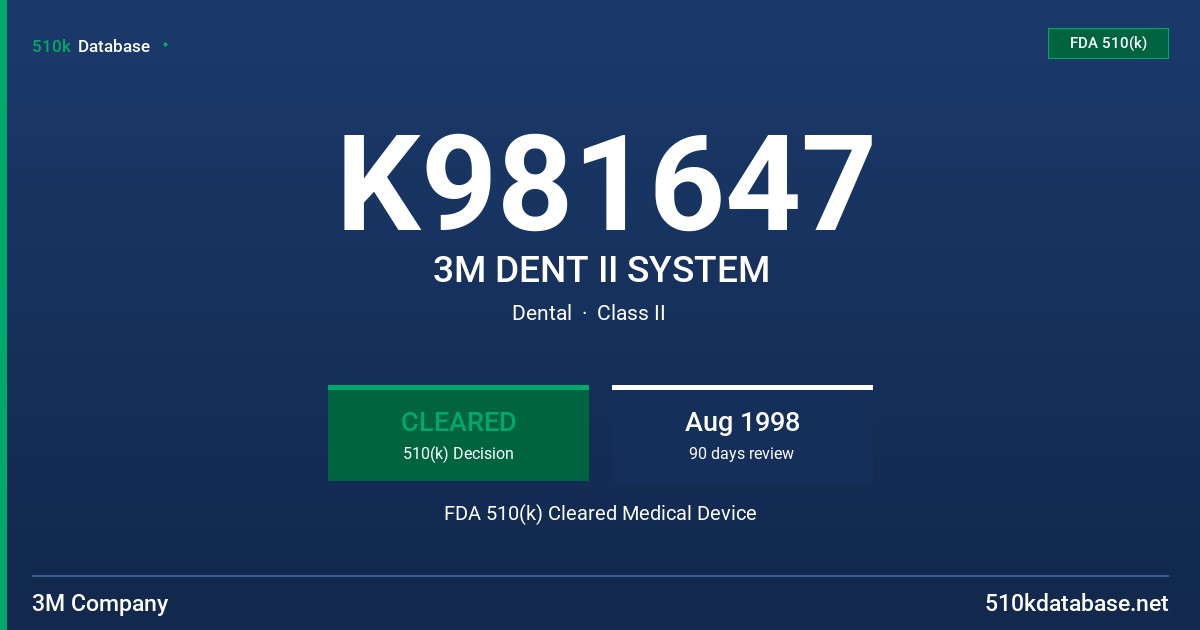 K981647 3M DENT II SYSTEM FDA 510(k) Cleared Medical Device