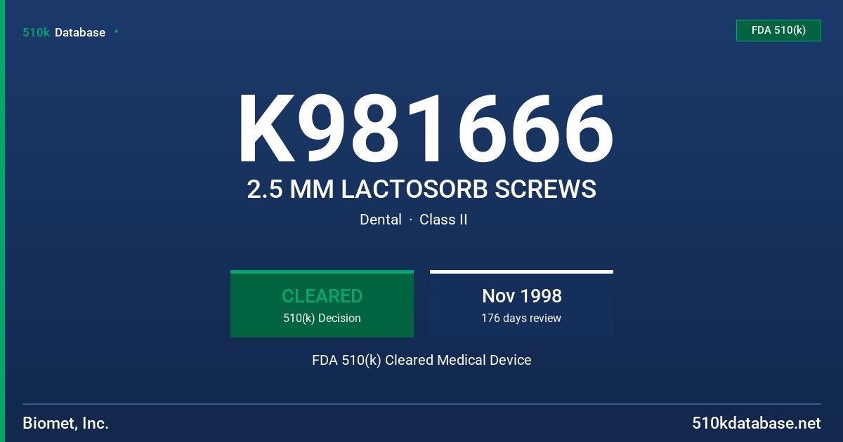 K981666 2.5 MM LACTOSORB SCREWS FDA 510(k) Cleared Medical Device
